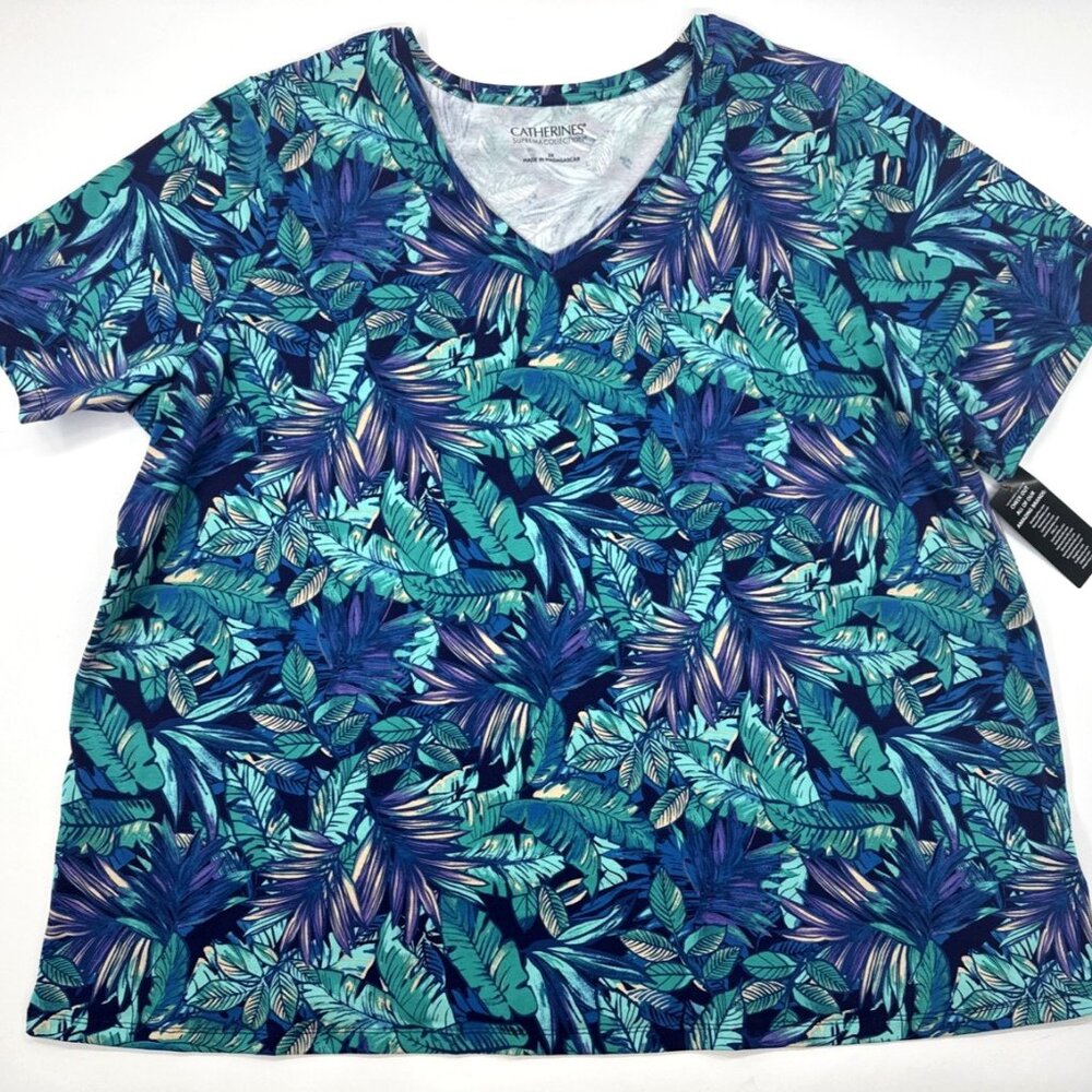 Catherines Suprema Tropical T Shirt Women's 2X Short Sleeve Blue V Neck NEW